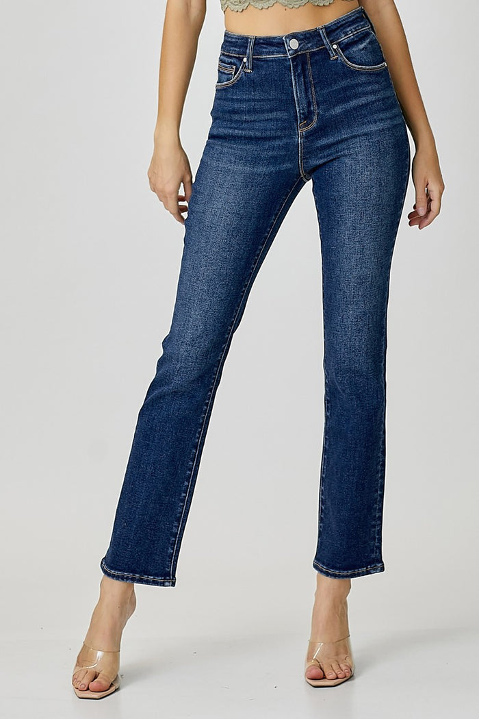 Midrise ankle length straight slim denim jeans front and back pockets