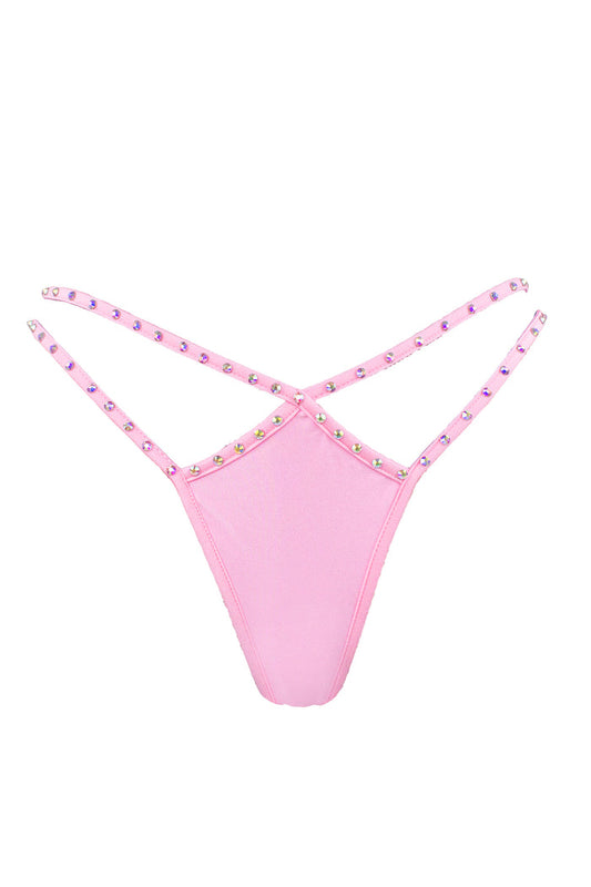 Mini thong double straps Crystals panty / DOUBLE CRYSTALS BABY PINK,BOTTOMS - EXES LINGERIE