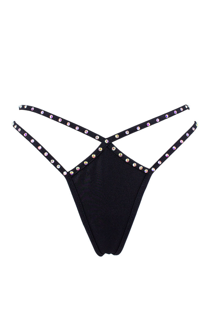 Mini thong double straps Crystals panty / DOUBLE CRYSTALS BLACK,BOTTOMS - EXES LINGERIE