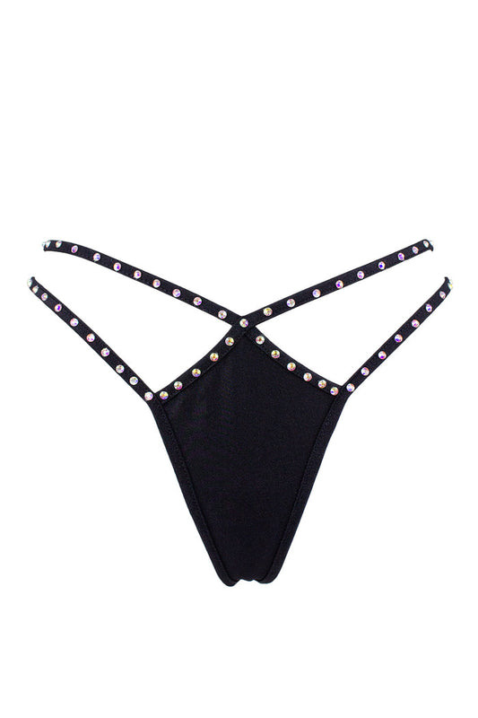 Mini thong double straps Crystals panty / DOUBLE CRYSTALS BLACK,BOTTOMS - EXES LINGERIE