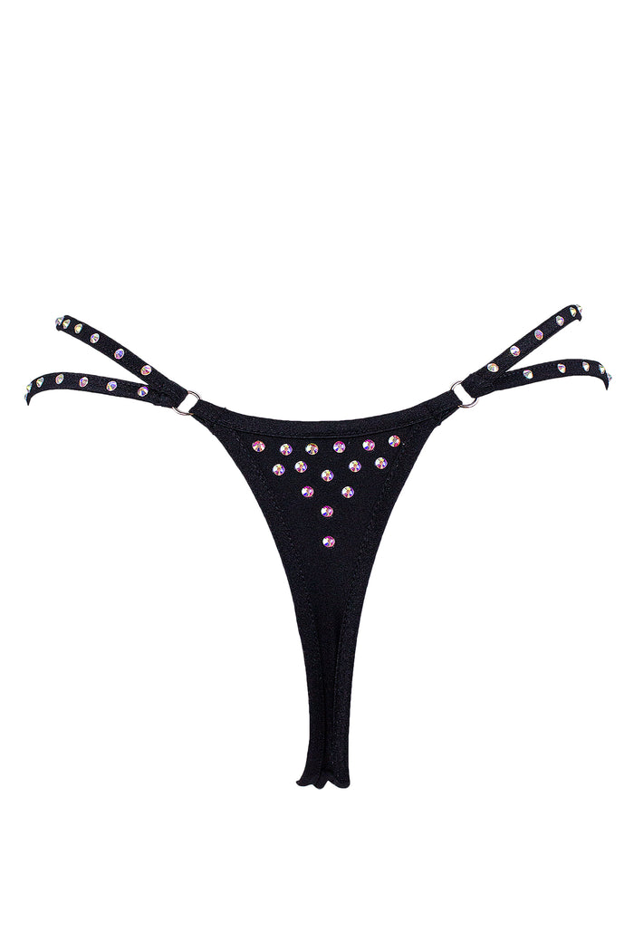 Mini thong double straps Crystals panty / DOUBLE CRYSTALS BLACK,BOTTOMS - EXES LINGERIE