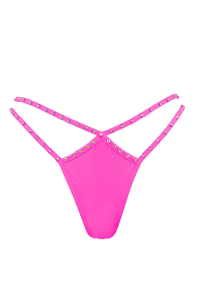 Mini thong double straps Crystals panty / DOUBLE CRYSTALS NEON PINK,BOTTOMS - EXES LINGERIE