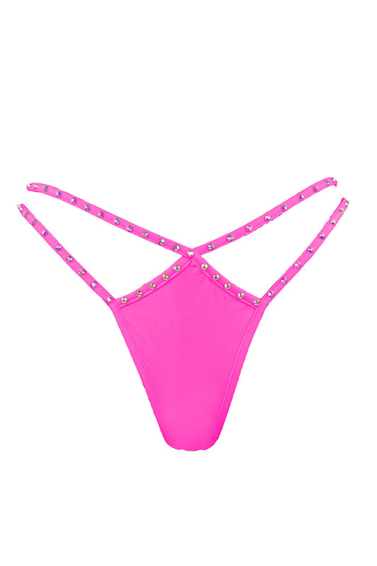 Mini thong double straps Crystals panty / DOUBLE CRYSTALS NEON PINK,BOTTOMS - EXES LINGERIE
