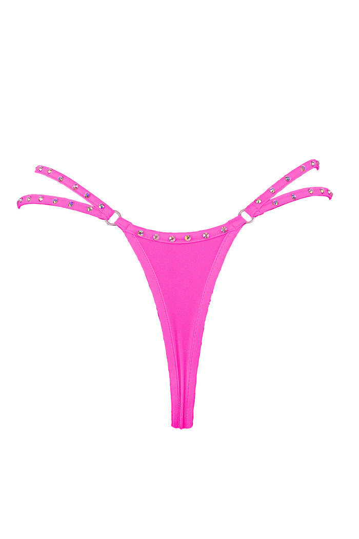 Mini thong double straps Crystals panty / DOUBLE CRYSTALS NEON PINK,BOTTOMS - EXES LINGERIE