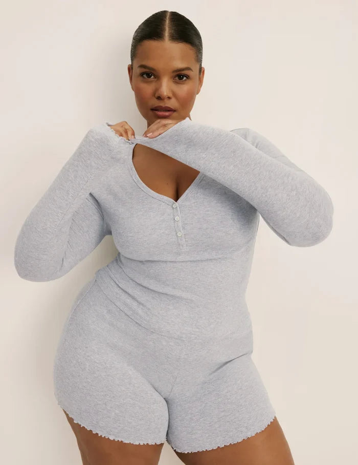 | Front view of model wearing the Modal Rib Henley Sleep Set highlighting the coverage and fit | Light Heather Grey