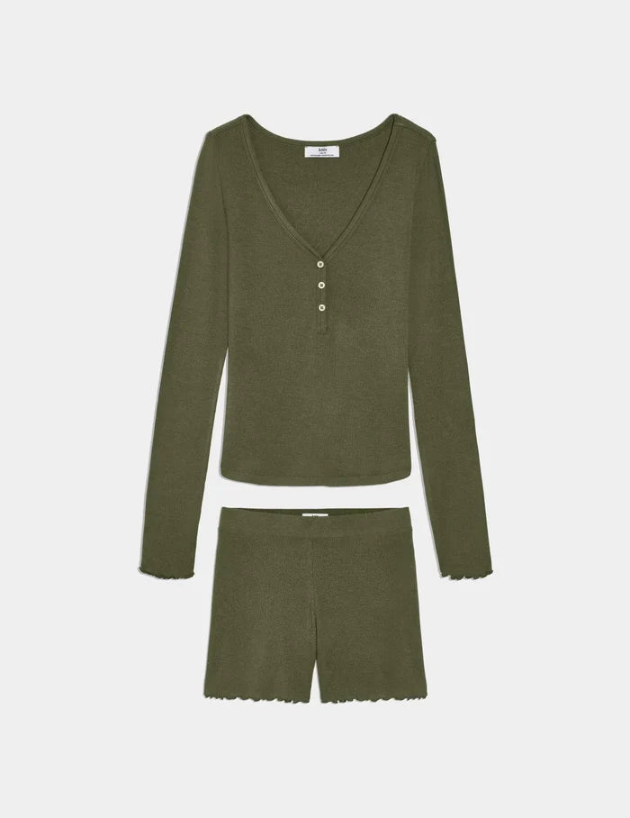 | Modal Rib Henley Sleep Set shown front-facing against a light gray background | Olive