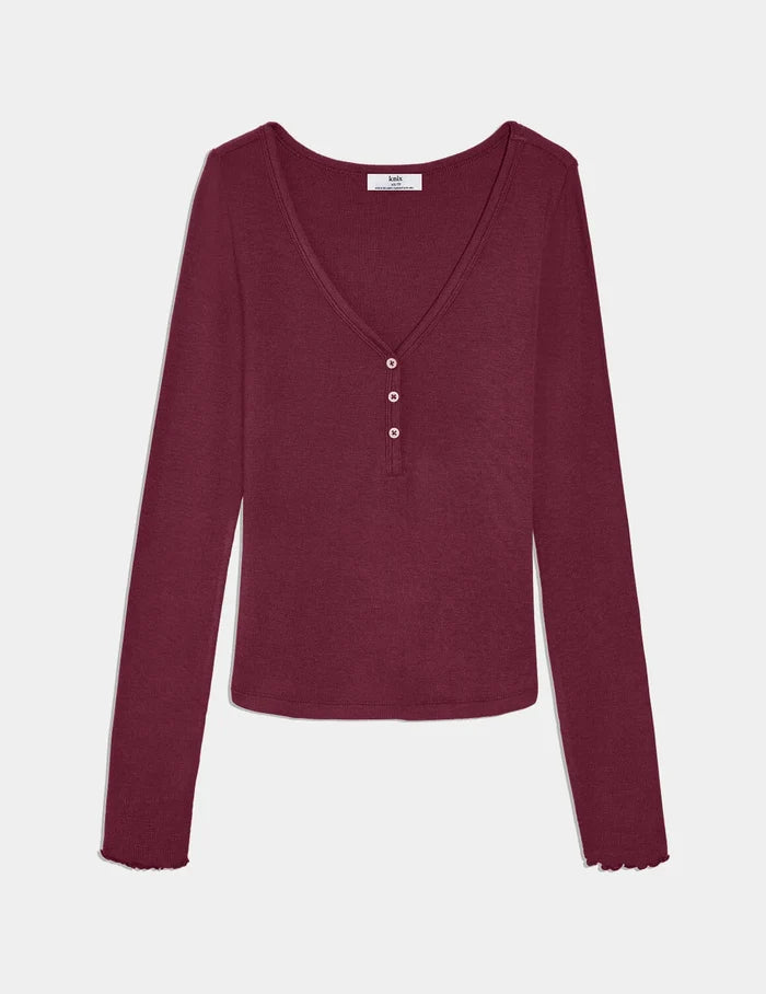 | Modal Rib Long Sleeve Henley shown front-facing against a light gray background | Dark Cherry