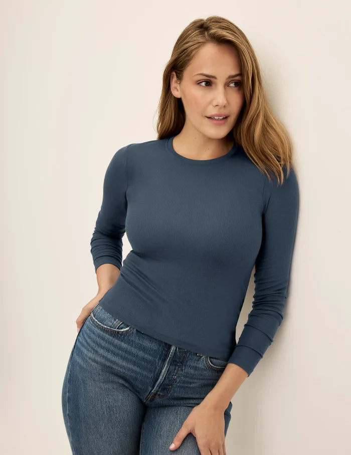 | Front view of model wearing the Modal Rib Long Sleeve highlighting the coverage and fit | Twilight Navy