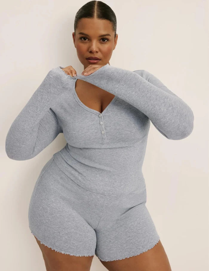 | Front view of model wearing the Modal Rib Short highlighting the coverage and fit | Heathered Grey