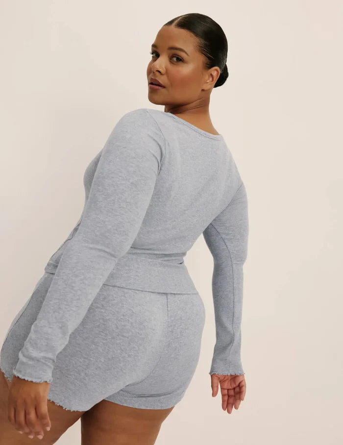 | Back view of model wearing the Modal Rib Short highlighting the coverage and fit | Heathered Grey