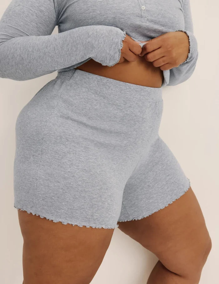 | Front view of model wearing the Modal Rib Short highlighting the coverage and fit | Heathered Grey