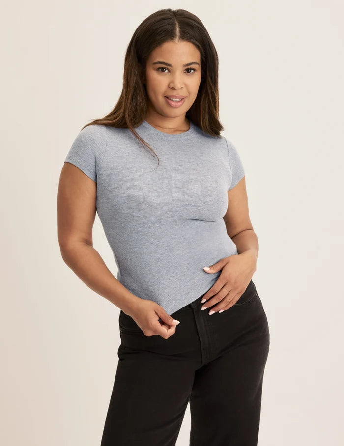 | Front view of model wearing the Modal Rib T-Shirt highlighting the coverage and fit | Heathered Grey