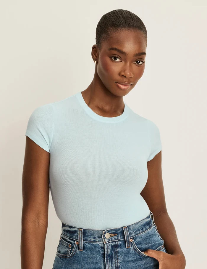 | Front view of model wearing the Modal Rib T-Shirt highlighting the coverage and fit | Blue Light