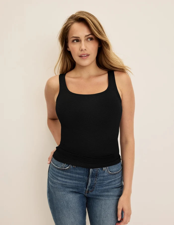 | Front view of model wearing the Modal Rib Tank highlighting the coverage and fit | Black