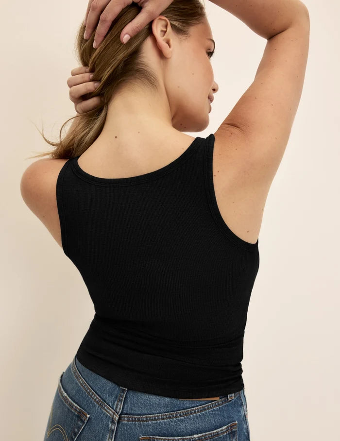 | Back view of model wearing the Modal Rib Tank highlighting the coverage and fit | Black