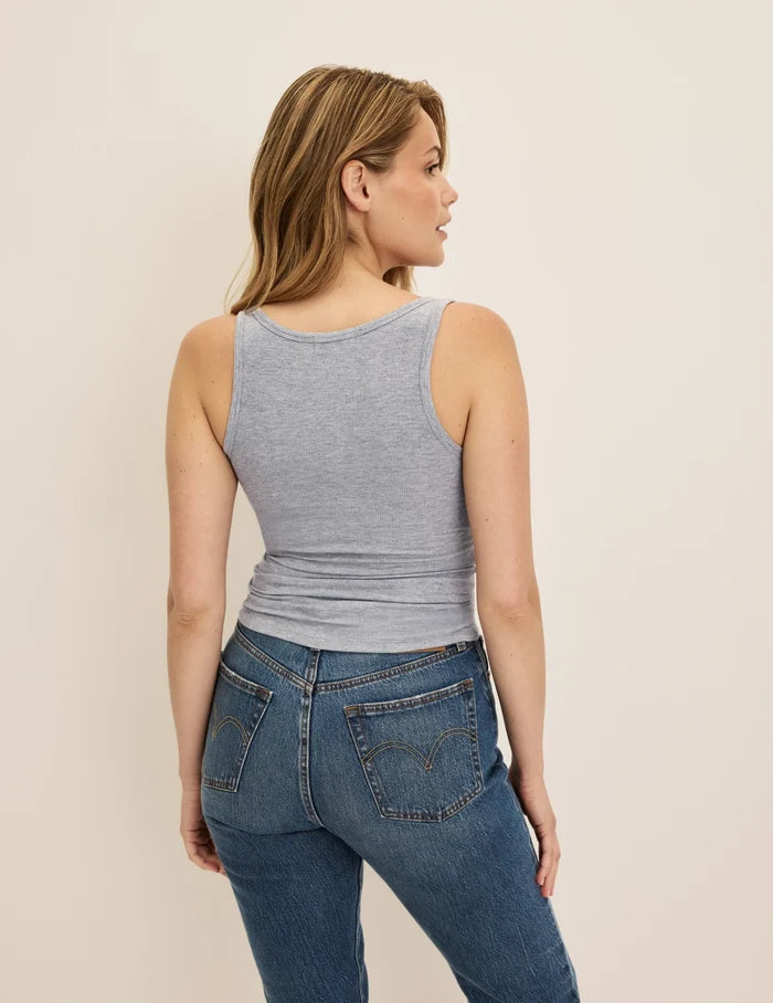 | Back view of model wearing the Modal Rib Tank highlighting the coverage and fit | Heathered Grey