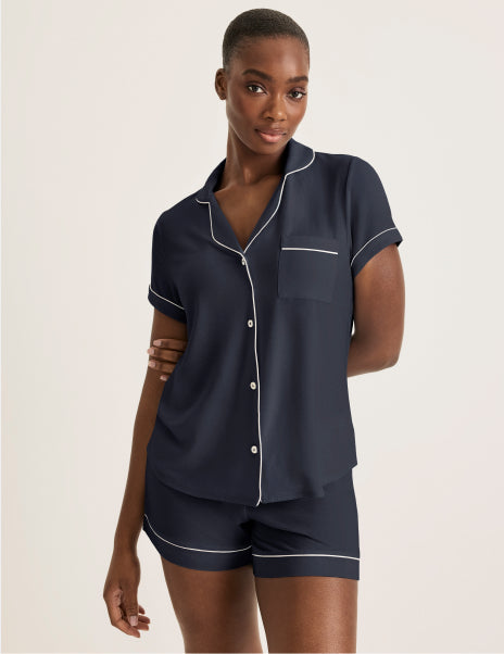| Front view of model wearing the Modal Short Sleeve Sleep Set highlighting the coverage and fit | Twilight Navy/White