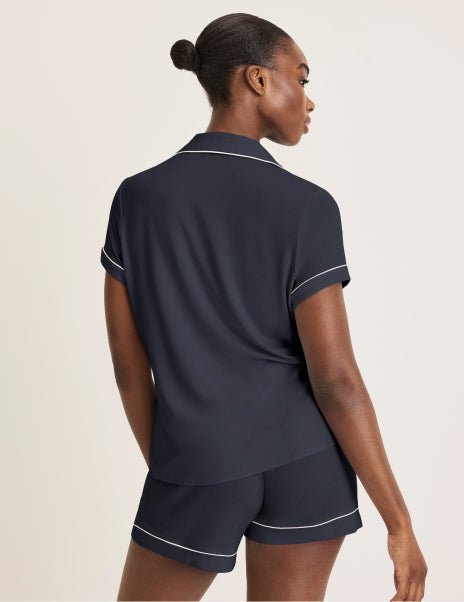 | Back view of model wearing the Modal Short Sleeve Sleep Set highlighting the coverage and fit | Twilight Navy/White