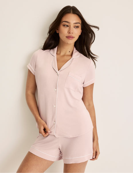 | Front view of model wearing the Modal Short Sleeve Sleep Set highlighting the coverage and fit | Hush/White