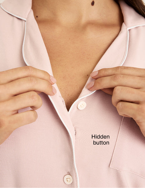 | Close-up of hidden button design for a supportive fit | Hush/White
