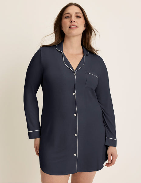 | Front view of model wearing the Modal Sleep Dress highlighting the coverage and fit | Twilight Navy/White