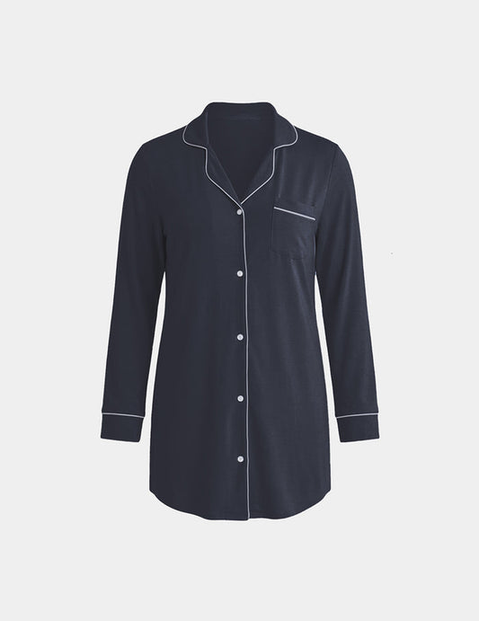| Modal Sleep Dress shown front-facing against a light gray background | Twilight Navy/White
