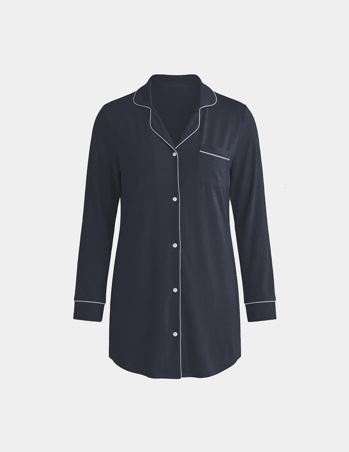 | Modal Sleep Dress shown front-facing against a light gray background | Twilight Navy/White