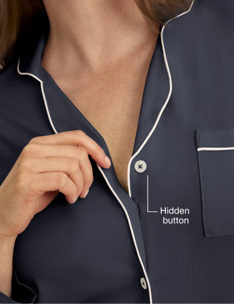 | Close-up of hidden button detail for a supportive fit | Twilight Navy/White