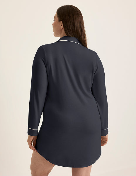 | Back view of model wearing the Modal Sleep Dress highlighting the coverage and fit | Twilight Navy/White