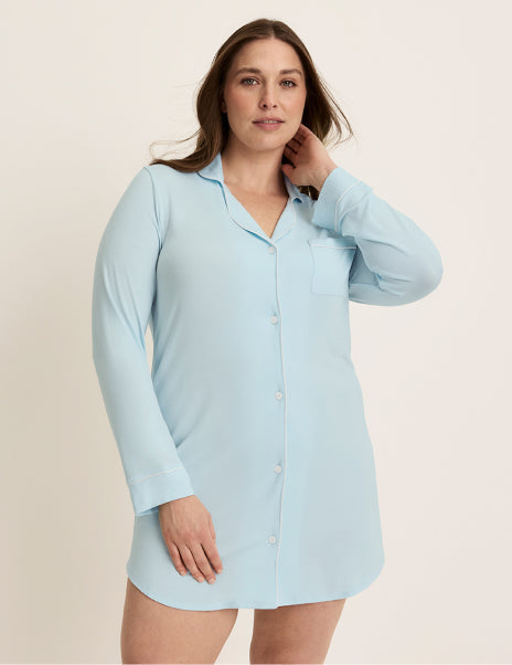 | Front view of model wearing the Modal Sleep Dress highlighting the coverage and fit | Blue Light/White