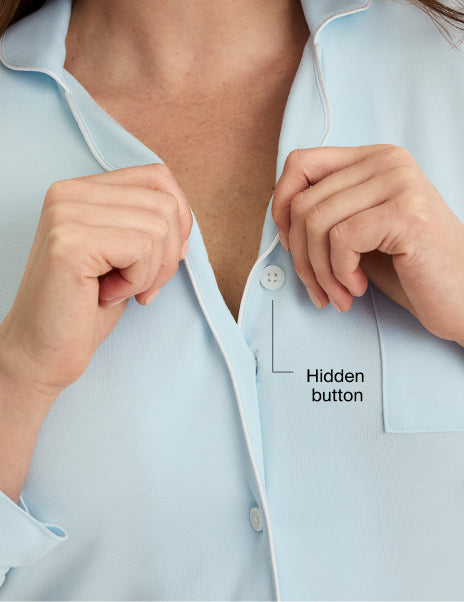 | Close-up of hidden button detail for a supportive fit | Blue Light/White