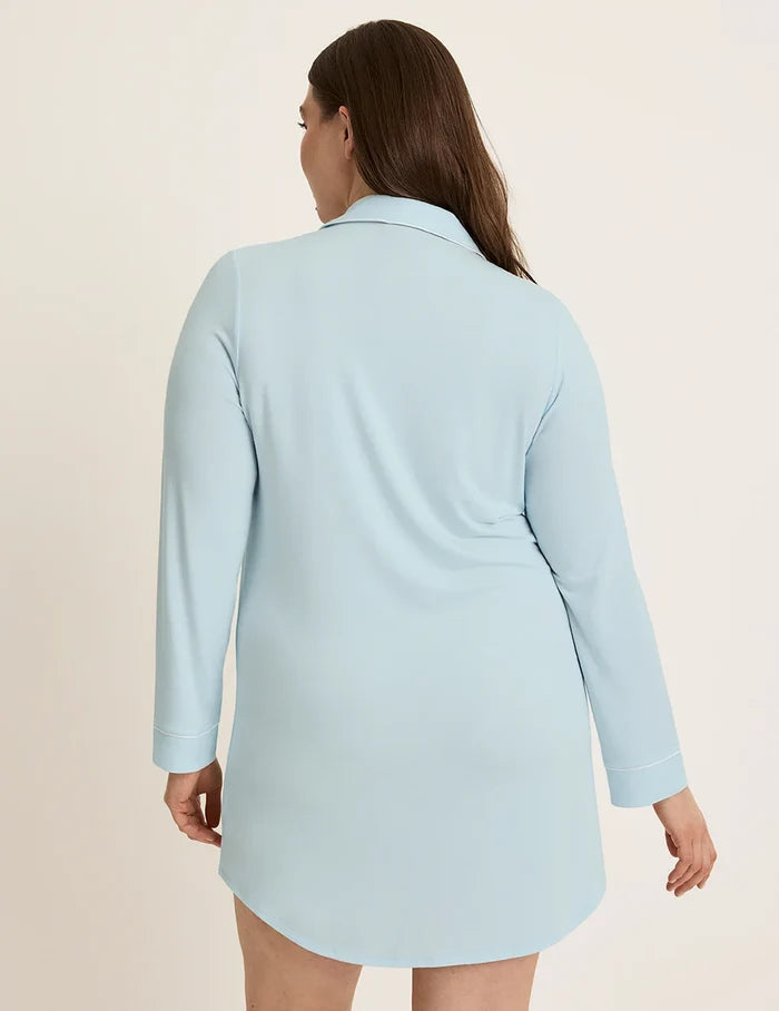 | Back view of model wearing the Modal Sleep Dress highlighting the coverage and fit | Blue Light/White