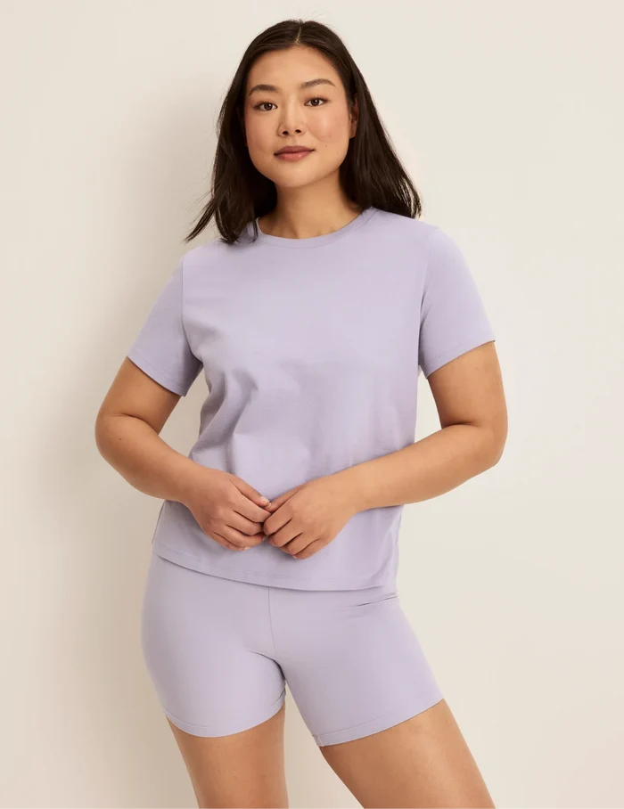 | Front view of model wearing the Modal Ultra Soft Shorts highlighting the coverage and fit | Lavender