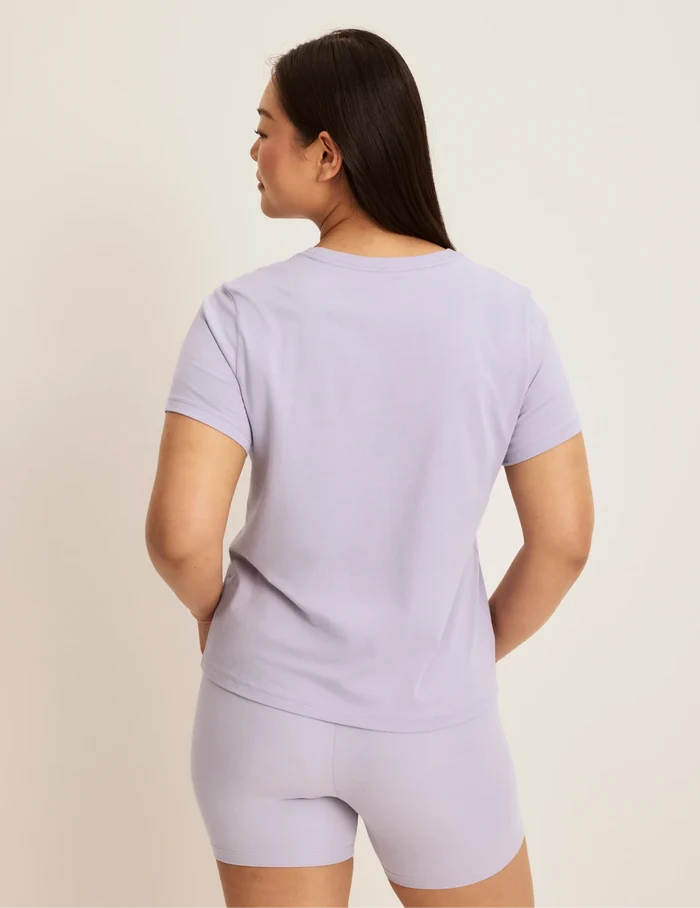 | Back view of model wearing the Modal Ultra Soft Shorts highlighting the coverage and fit | Lavender