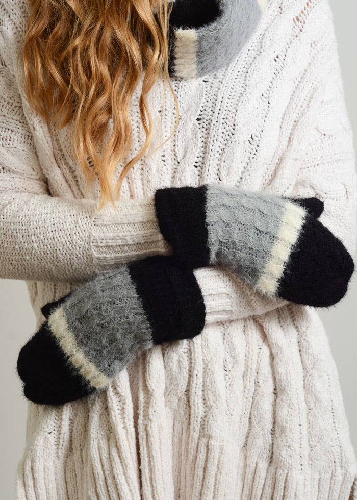 Black, gray and white mohair like mittens. Very soft and comfortable