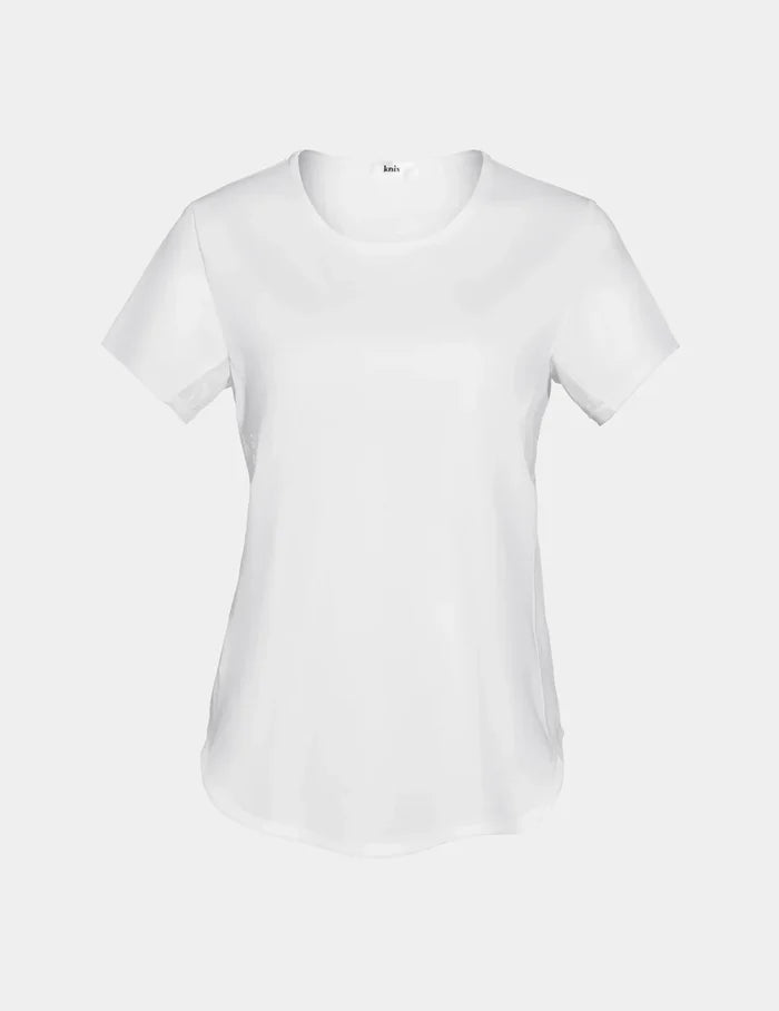 | Front view of model highlighting the coverage and fit | White