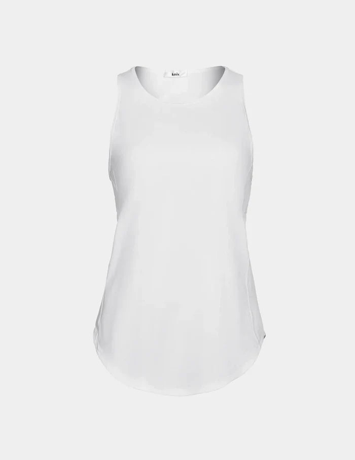 | Front view of model highlighting the coverage and fit | White