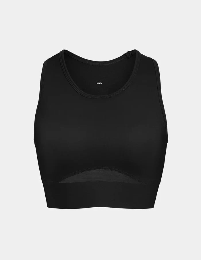 | View of Momenta Racerback Sports Bra shown front-facing against a light gray background | Black