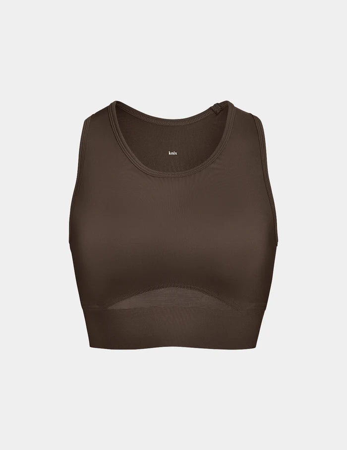 | View of Momenta Racerback Sports Bra shown front-facing against a light gray background | Espresso