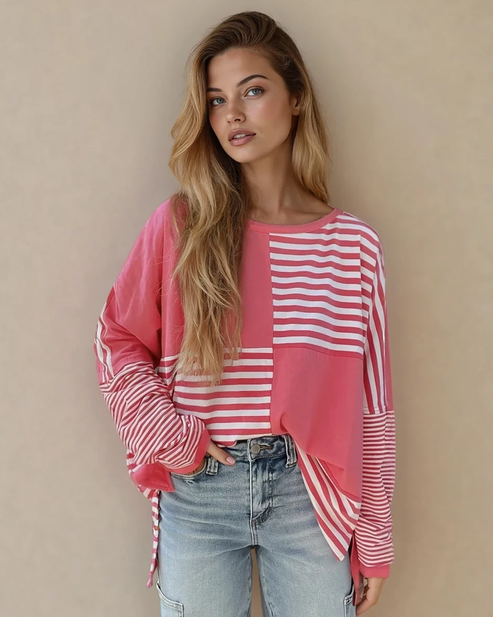 Oversized pink and white stripe color block boatneck top with drop shoulders