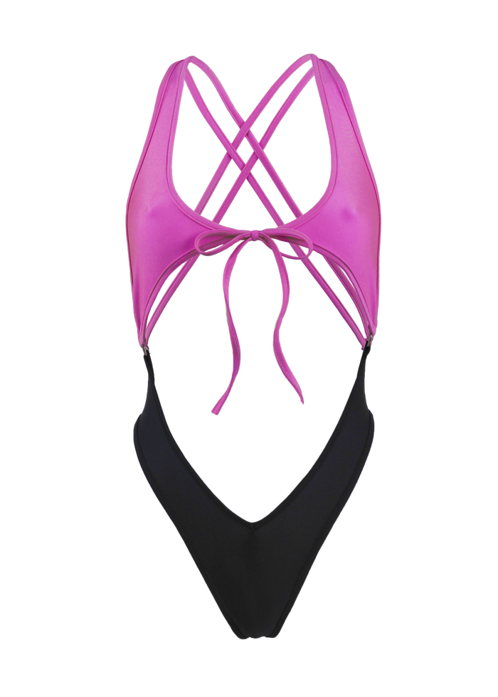 Cut-out Tie Front Swimsuit / SPICA SWIM BLACK-NEON PINK - EXES LINGERIE