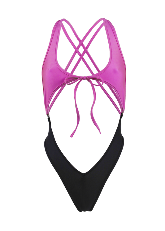 Cut-out Tie Front Swimsuit / SPICA SWIM BLACK-NEON PINK - EXES LINGERIE