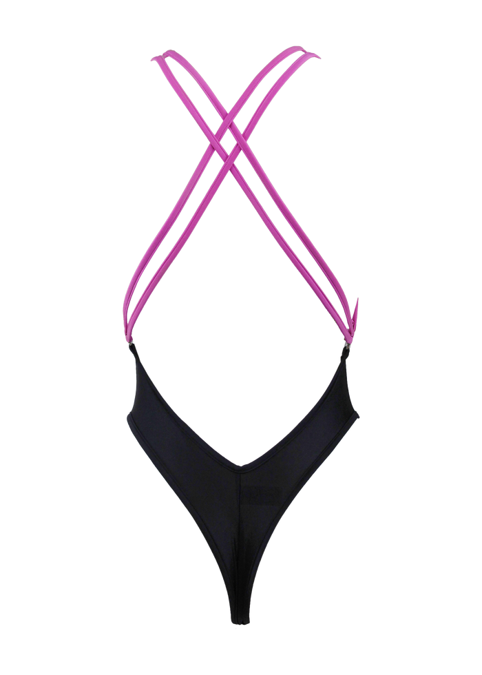 Cut-out Tie Front Swimsuit / SPICA SWIM BLACK-NEON PINK - EXES LINGERIE