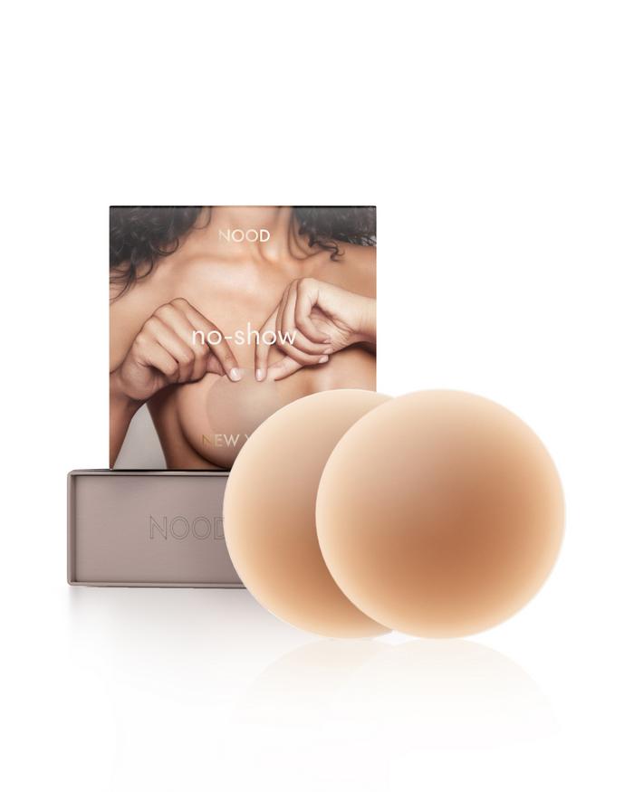 | No-Show Adhesive Reusable Nipple Covers packaging shown front-facing against a light gray background | No. 5 Soft Tan