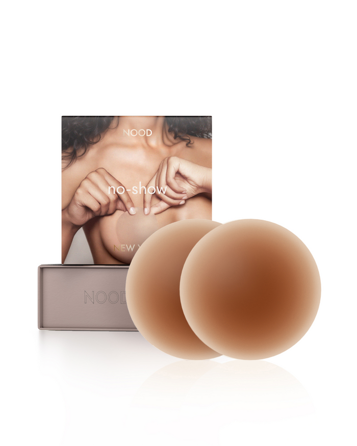 | No-Show Adhesive Reusable Nipple Covers packaging shown front-facing against a light gray background | No. 7 Bronze