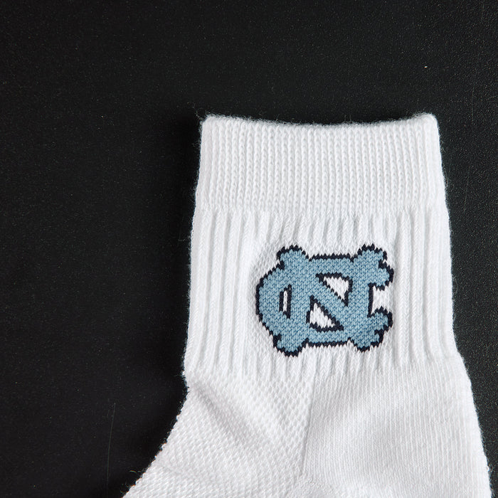 Close-up of the Carolina blue NC interlock on Del Campo North Carolina Interlocking NC golf socks
