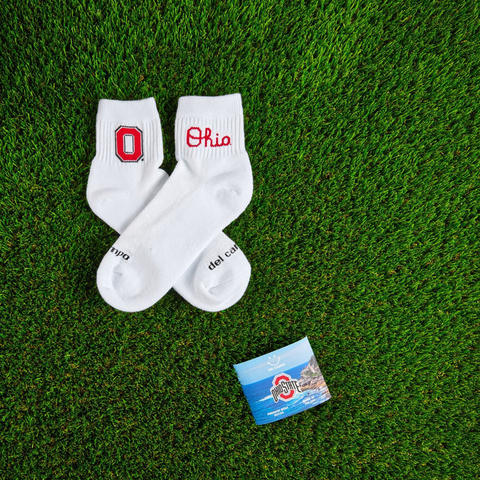 Del Campo Ohio State Buckeyes golf socks on turf with a team pennant