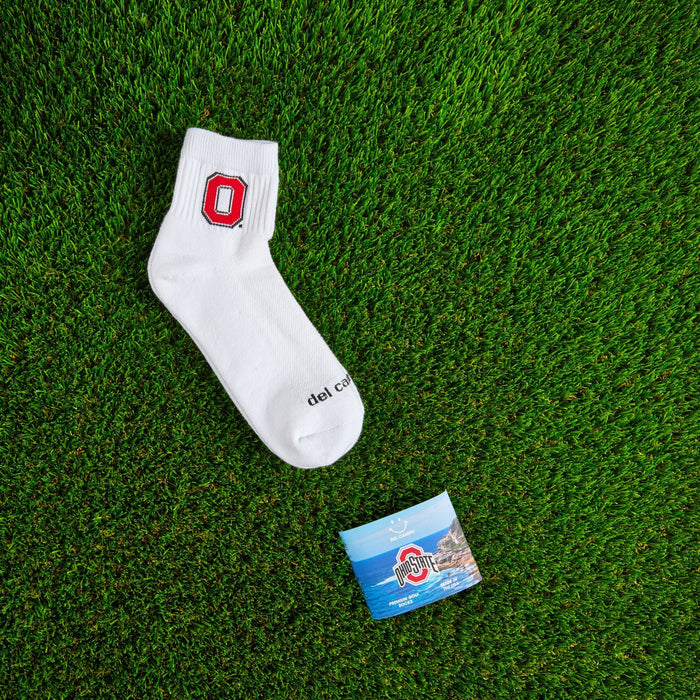 Flat lay of Del Campo Ohio State Buckeyes golf socks with game-day props