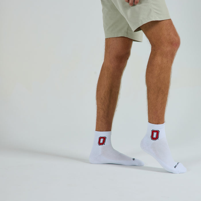Man wearing Del Campo Ohio State Buckeyes golf socks, studio shot, no shoes
