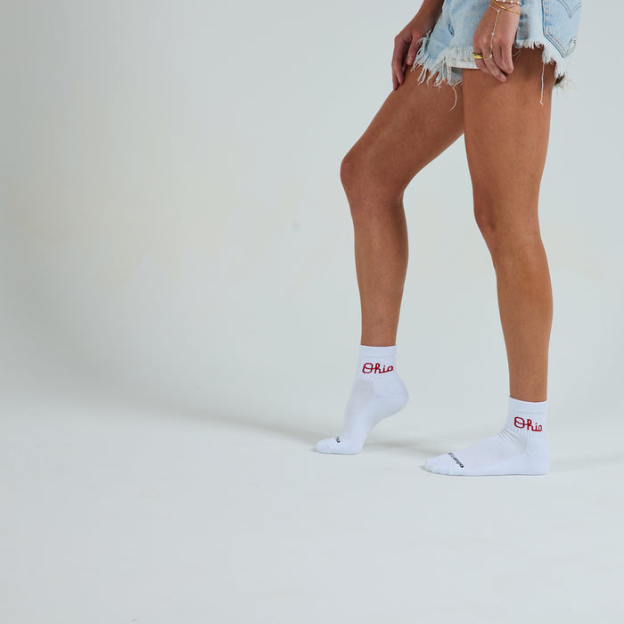 Del Campo Ohio State Buckeyes golf socks on a female model in studio